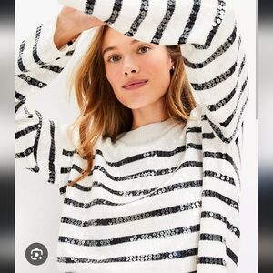 LOFT Black and White Crew Neck Sweater with Textured Stripes